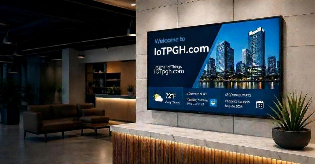 Corporate digital signage video wall in modern office lobby