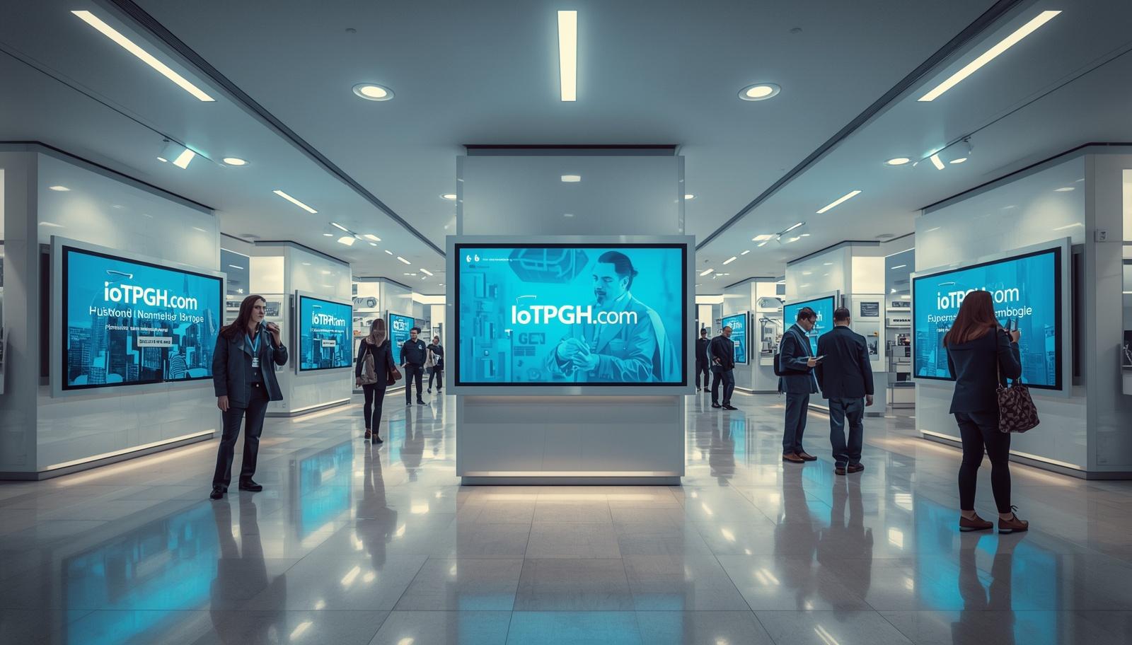 Retail store interior with multiple digital signage displays showing promotional content and advertisements in a modern shopping environment