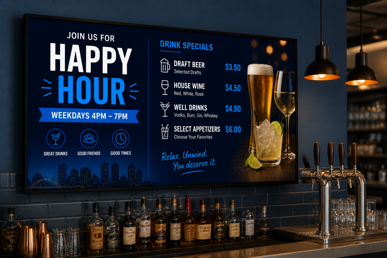 Digital happy hour signage displaying drink specials and pricing on a modern bar menu board for customer engagement