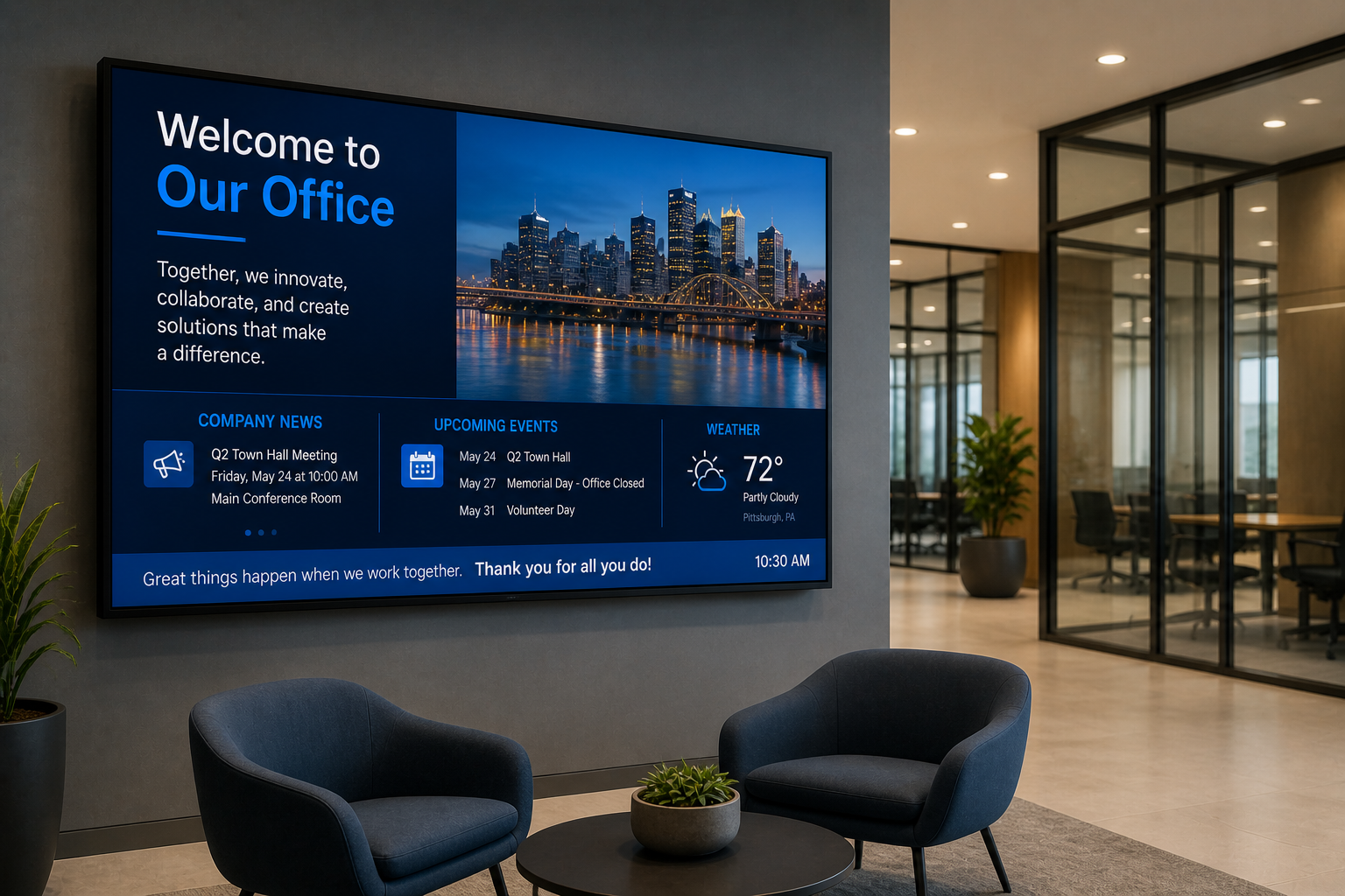 Indoor digital signage display in a corporate office lobby showing announcements, events, and company information