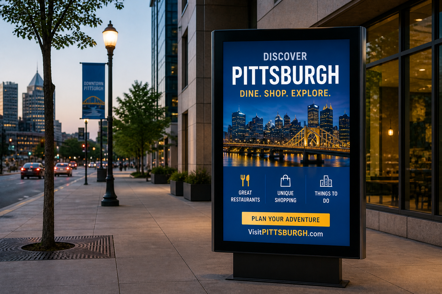 Outdoor digital signage display mounted on a building showing promotional content and business messaging in a public environment