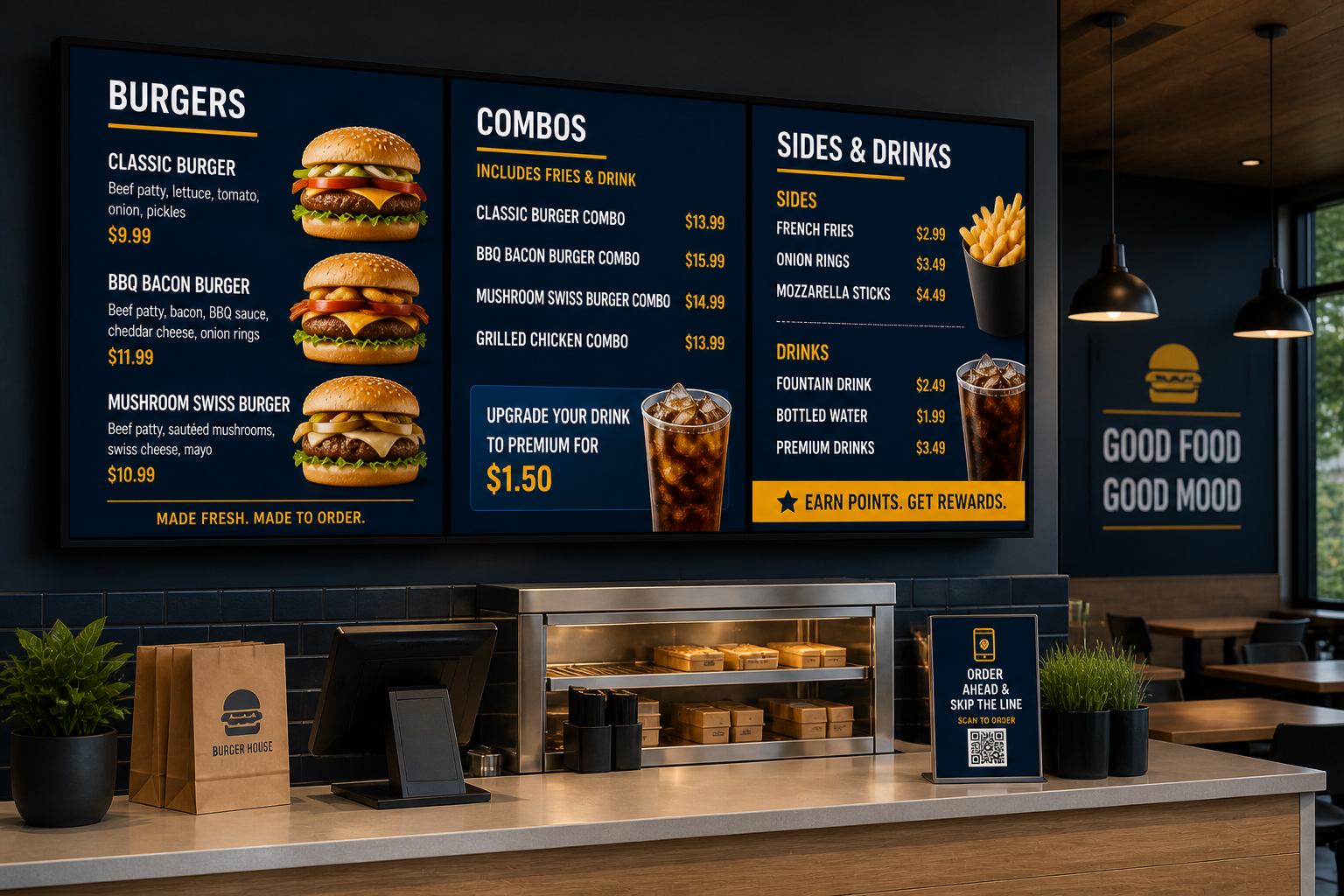 Digital menu board signage displaying food items, pricing, and promotions in a modern restaurant environment