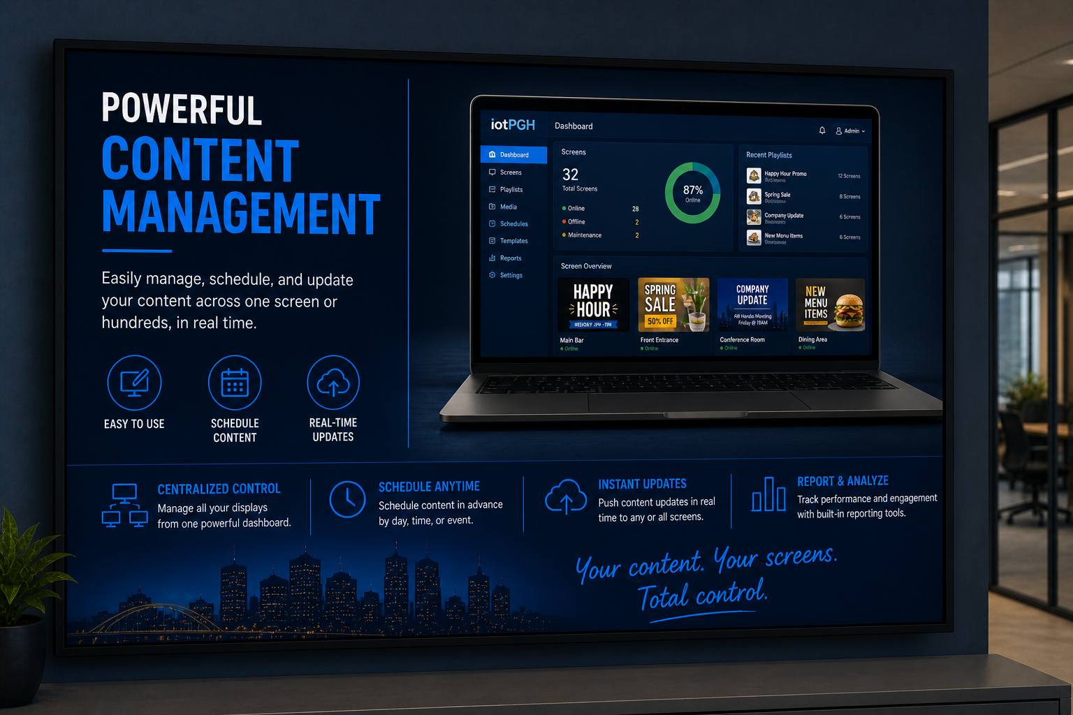 Digital signage content management system updating and controlling display content across multiple business screens in real time