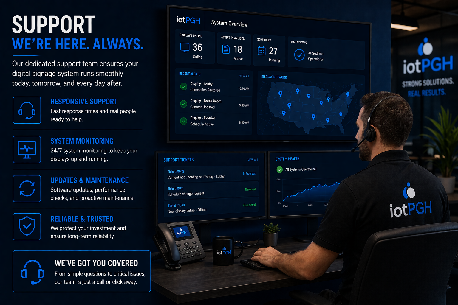 Digital signage content management system dashboard controlling and updating display content across multiple business screens in real time