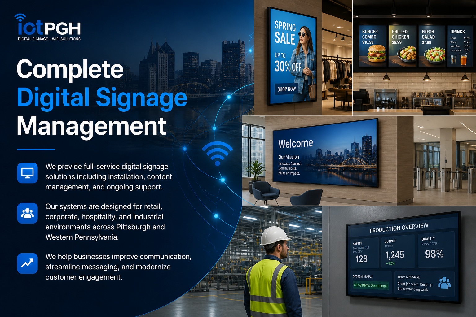 Complete digital signage management with retail displays, menu boards, corporate screens, and industrial dashboard systems in Pittsburgh