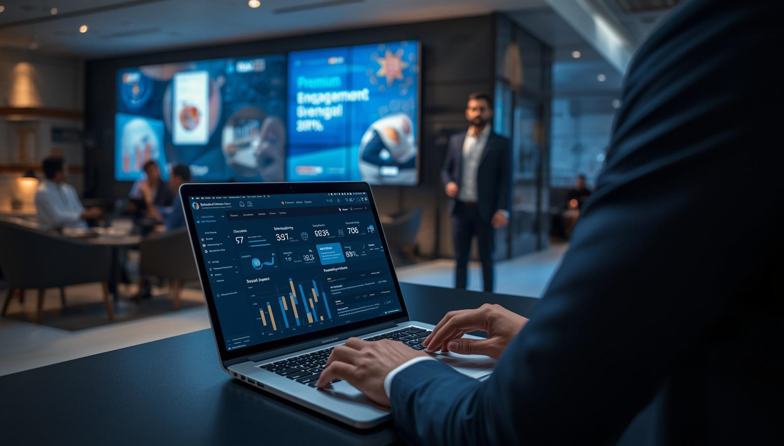 Business professional reviewing digital signage analytics on a laptop with large digital display screens in the background during a corporate presentation.