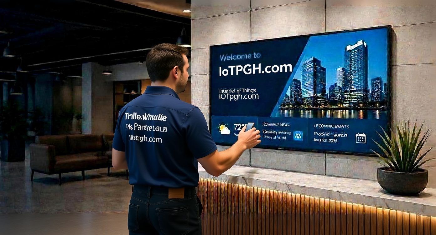 Professional technician installing and managing a digital signage display with IOTPgh.com branding in a modern corporate business environment